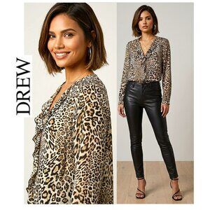 DREW - Long sleeve leopard print ruffle detailed blouse